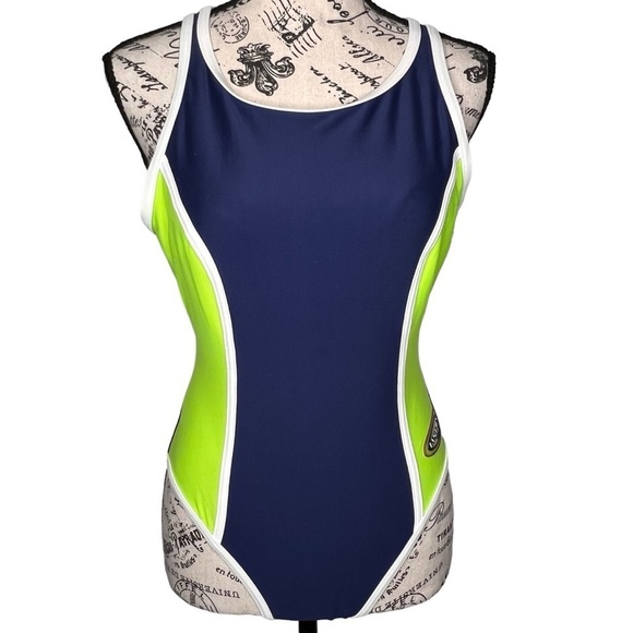 Vintage Jantzen One Piece Racerback Swim Suit Navy Blue Lime Green Retro Size 12 - Picture 10 of 11